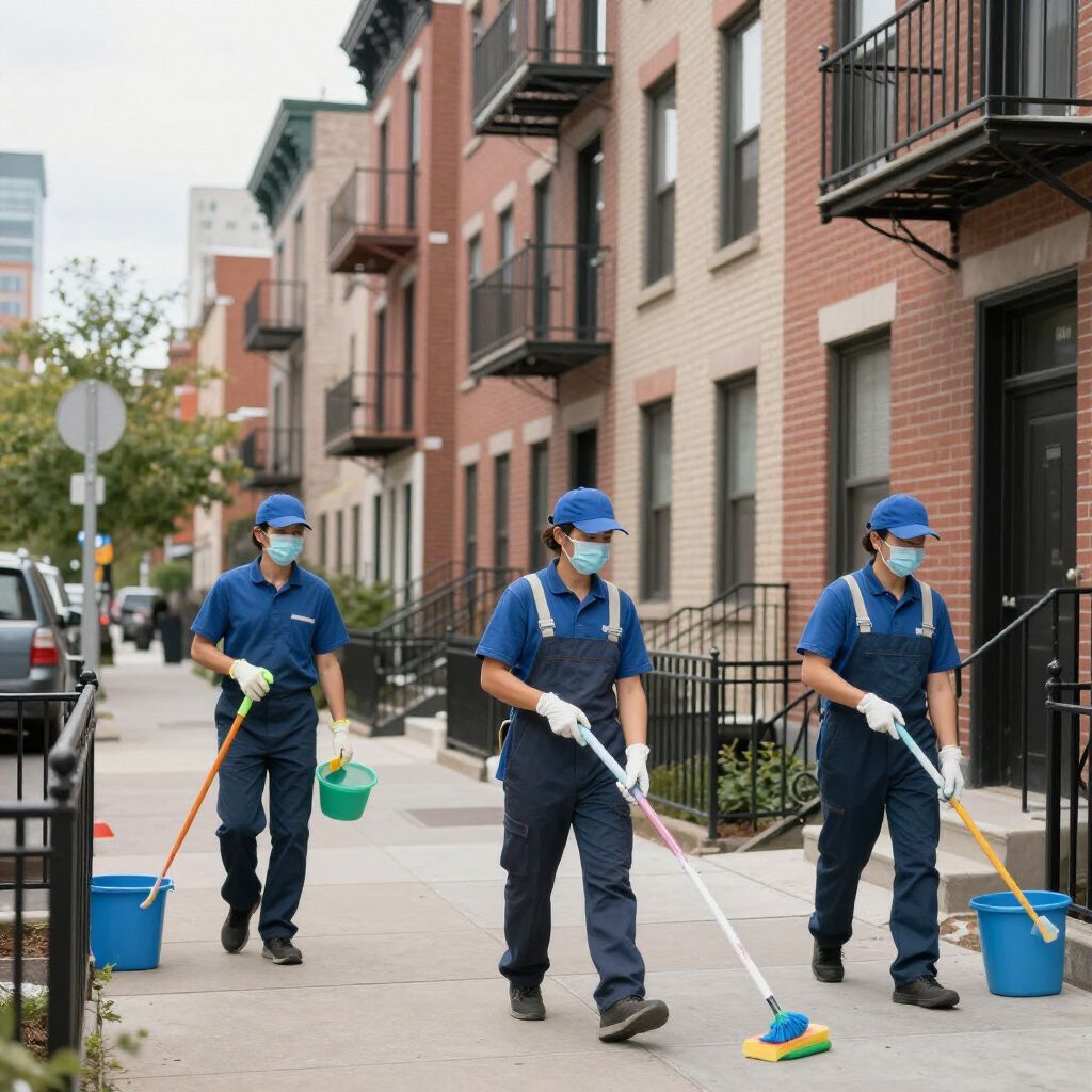 Three people wearing masks, blue uniforms, and hats cleaning a city sidewalk.
