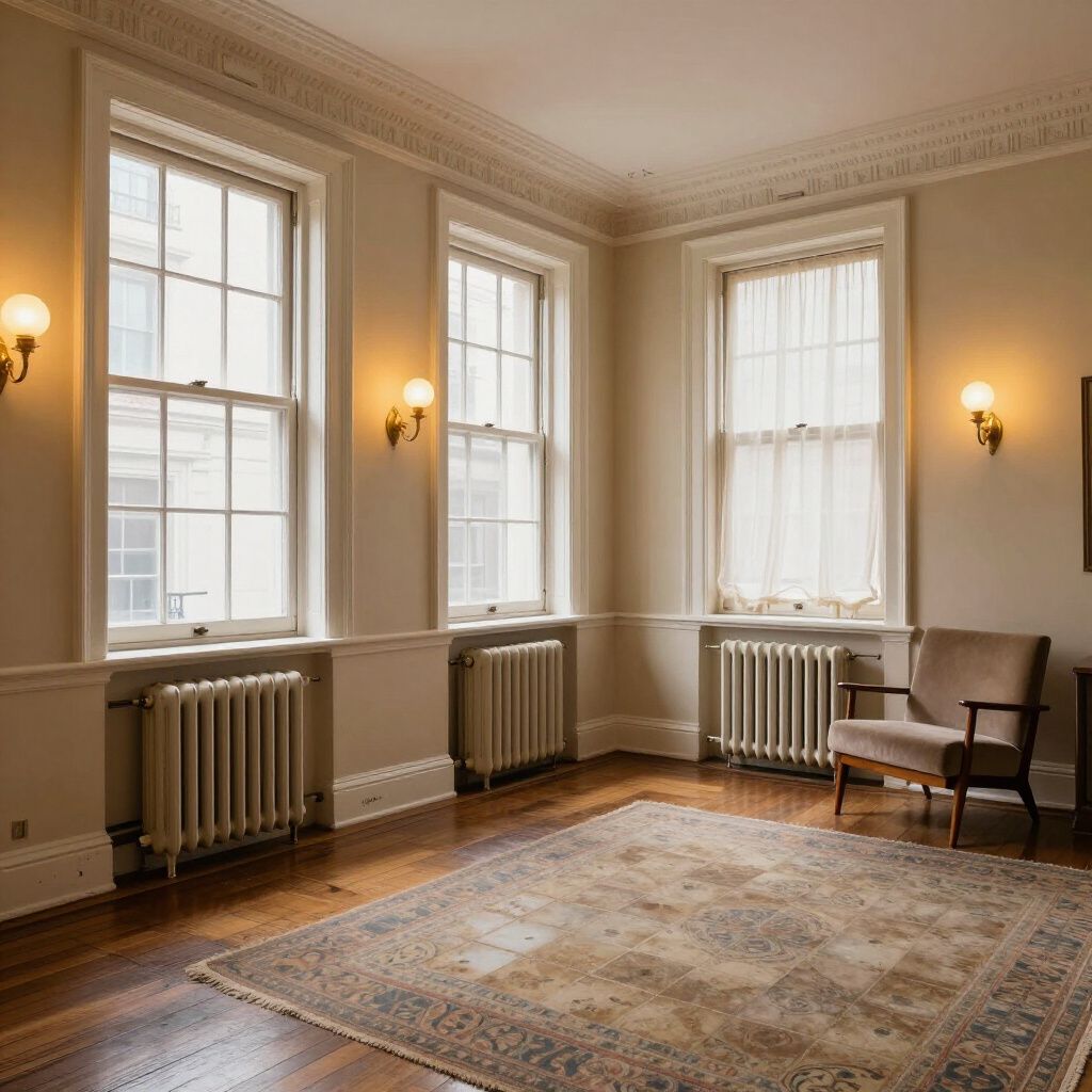 An empty room with three windows, a rug, a chair, and wall sconces.