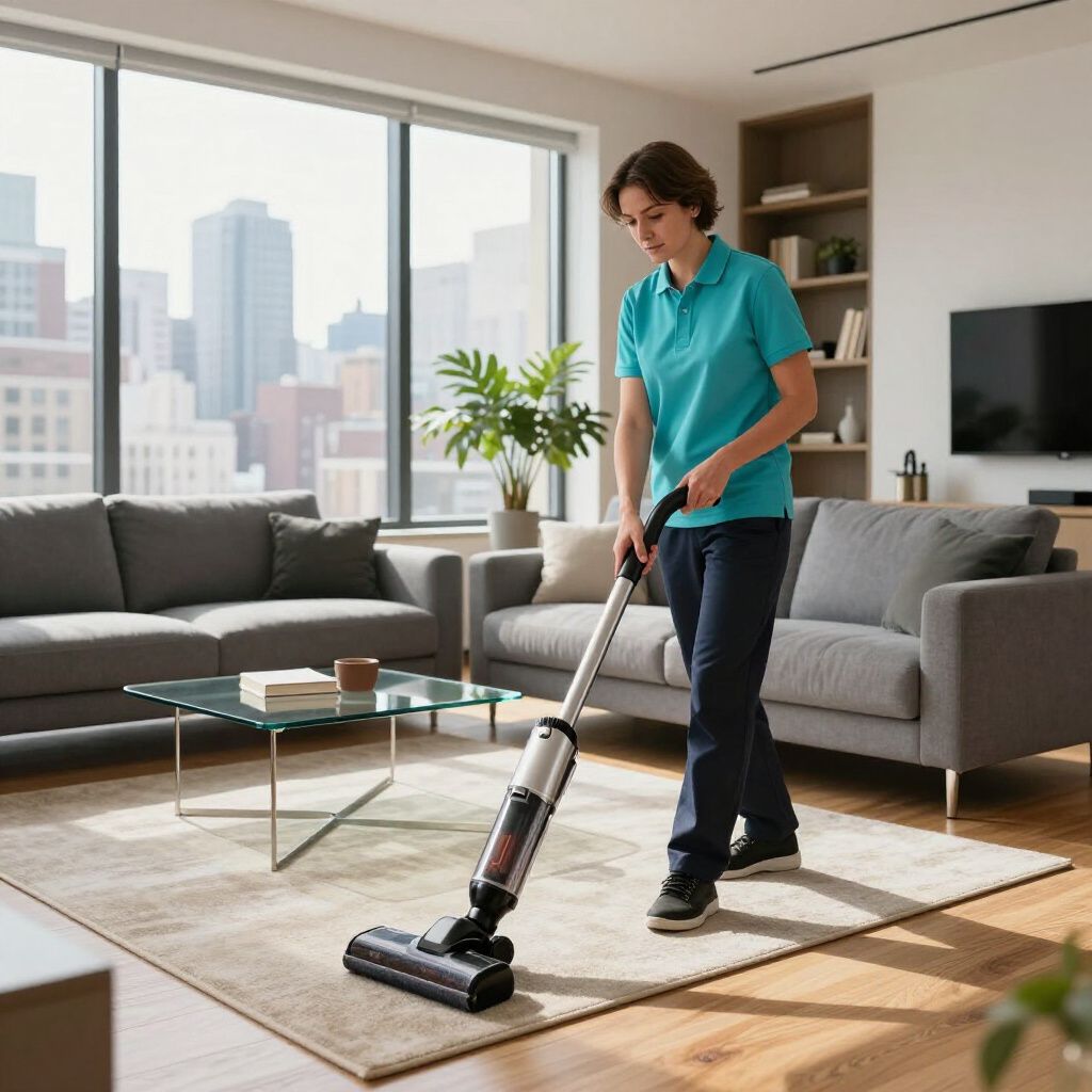 Woman vacuuming a rug in a modern living room with city view, sunlight.