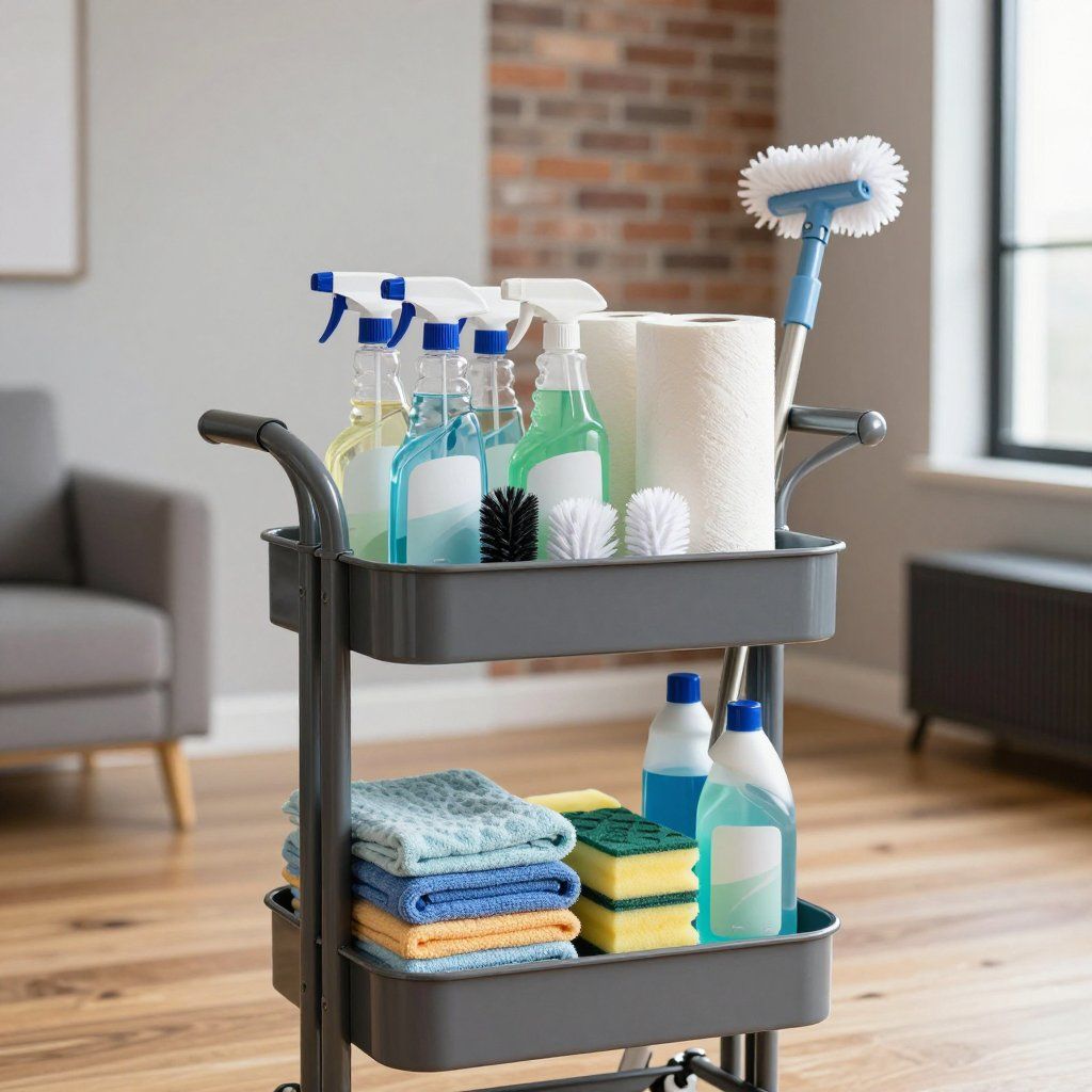 Cleaning supplies organized on a gray rolling cart in a room with a window and brick wall.