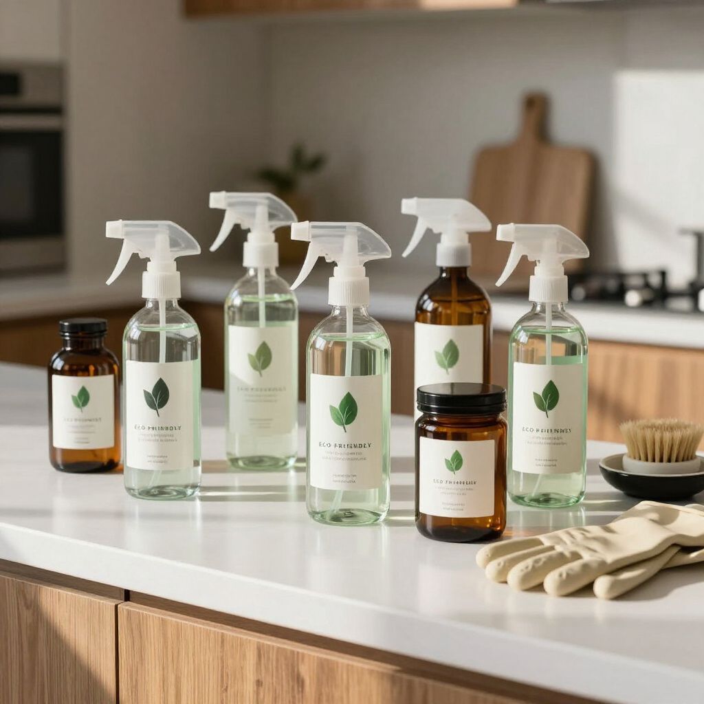 Cleaning products in clear and amber bottles with labels, arranged on a kitchen countertop.