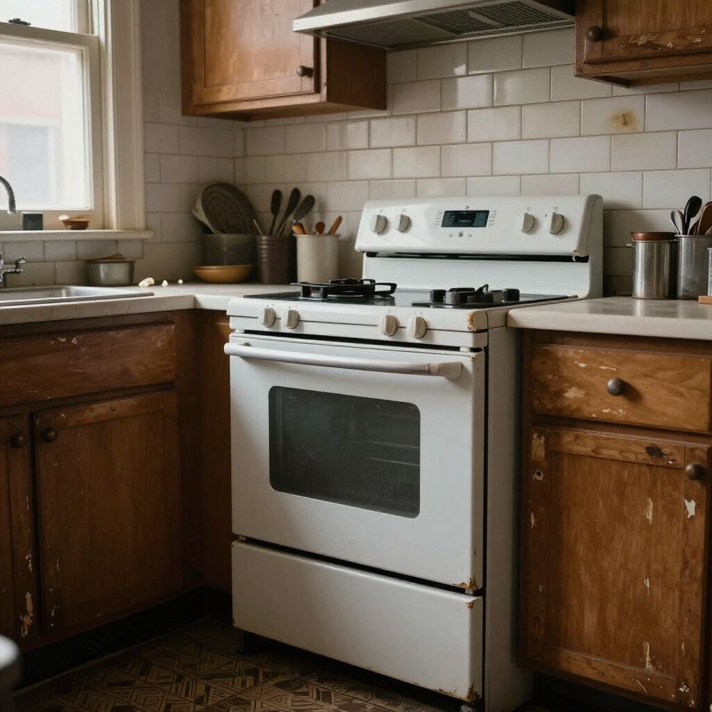 White oven and stove in a worn, old kitchen with wooden cabinets and white tile backsplash.