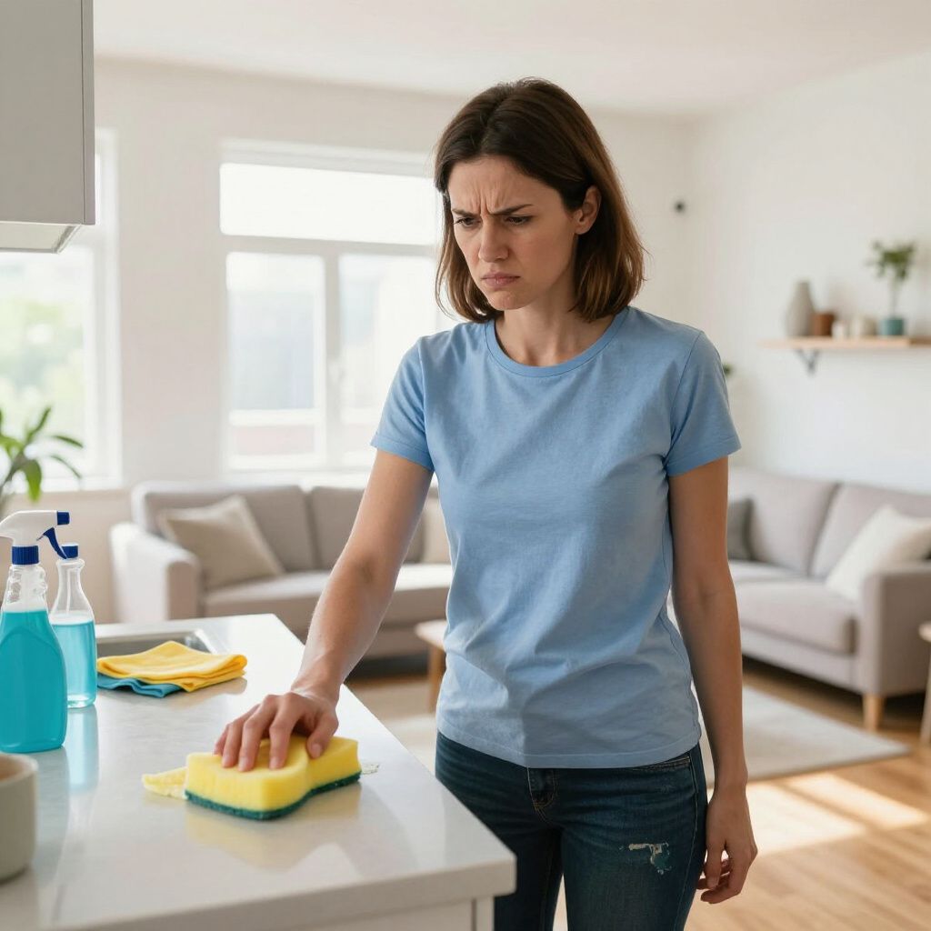 Woman cleaning kitchen counter, frowning. Cleaning supplies visible, living room in background.
