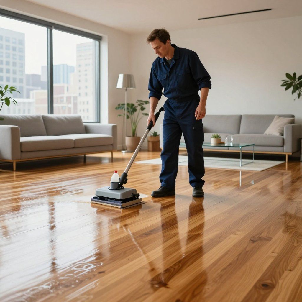 Man in blue coveralls using floor cleaner on hardwood floor in a modern living room.