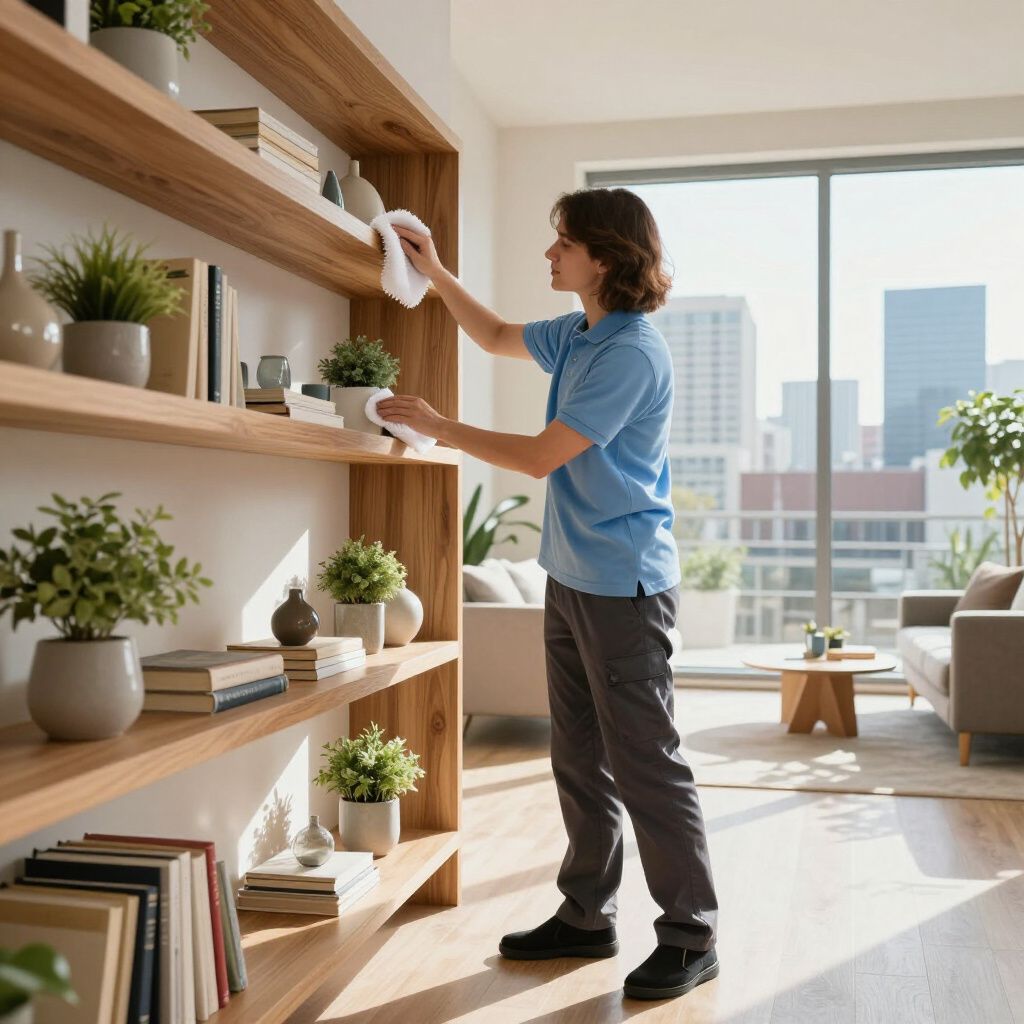 Person dusting a wooden bookshelf in a well-lit living room, skyscrapers visible through a window.