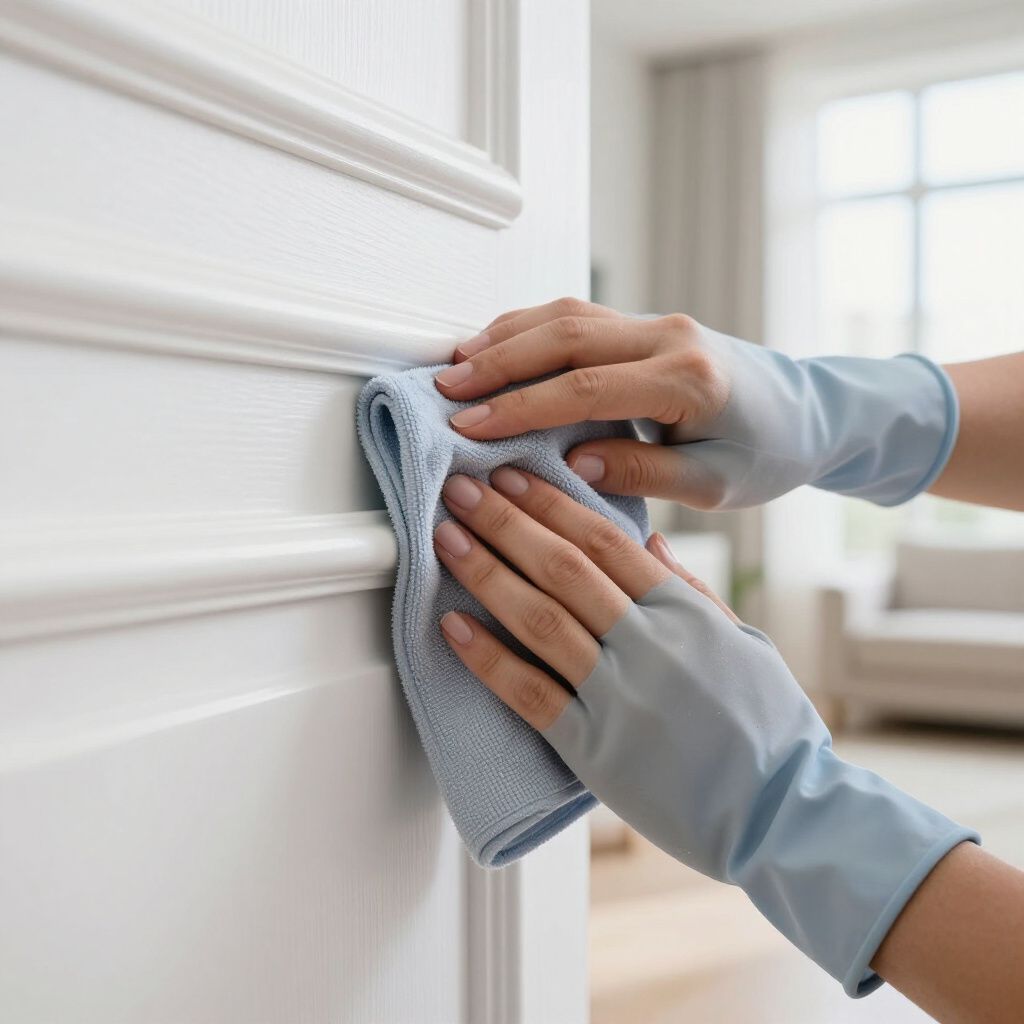 Person wearing blue gloves wiping a white door with a blue cloth.