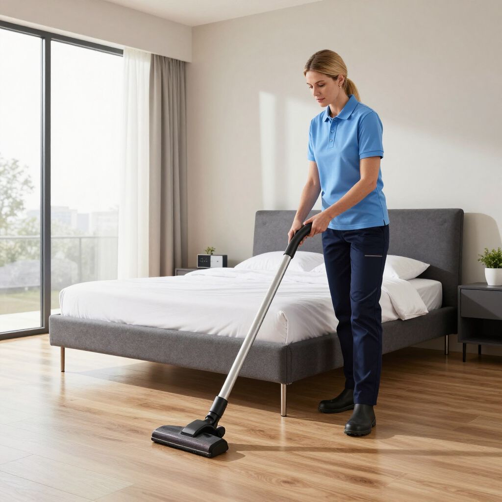 Woman in blue uniform vacuums a bedroom floor.