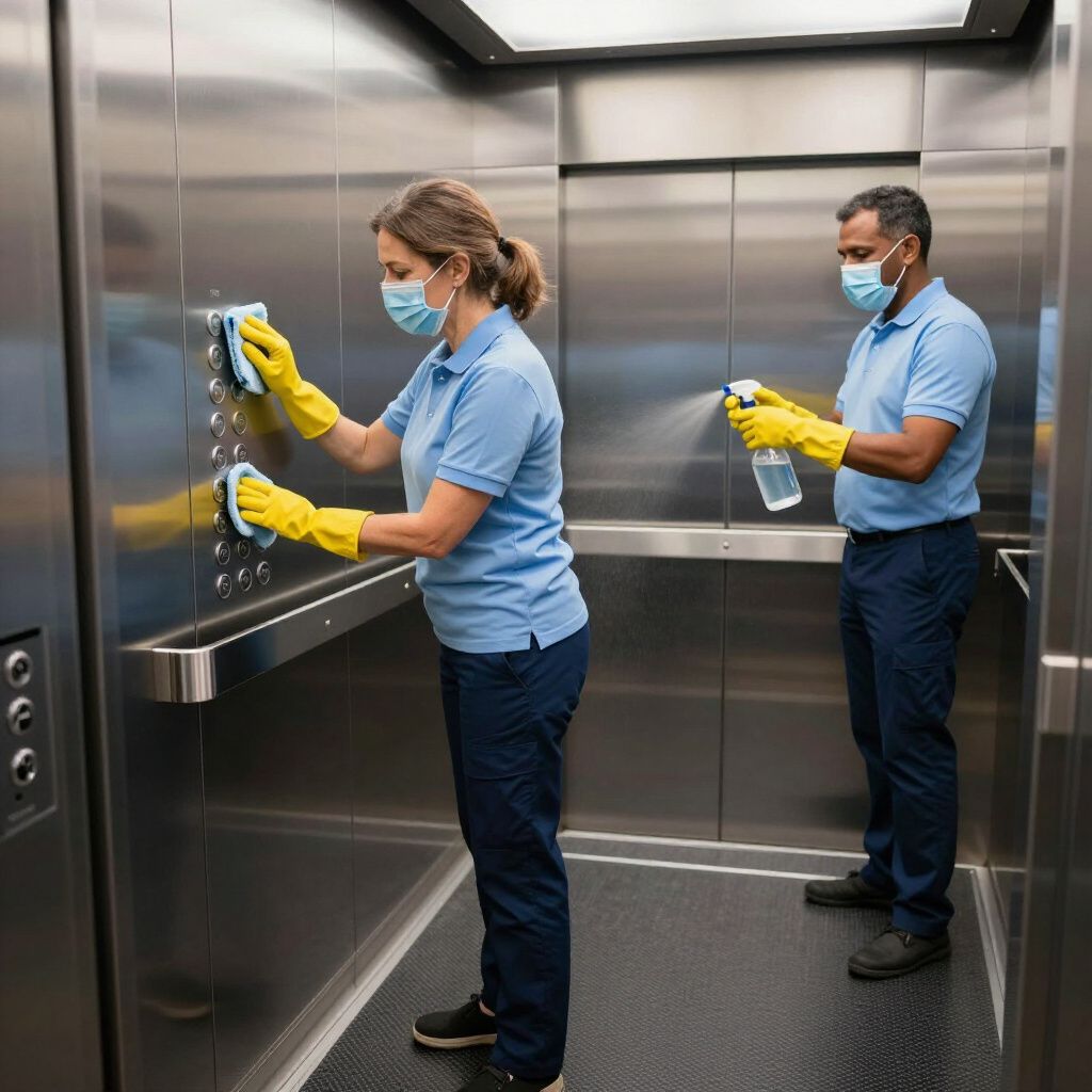 Two people in masks and gloves sanitize an elevator interior.
