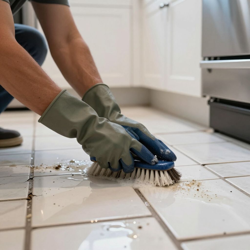 Person in gloves scrubs tile floor with a brush in a kitchen.