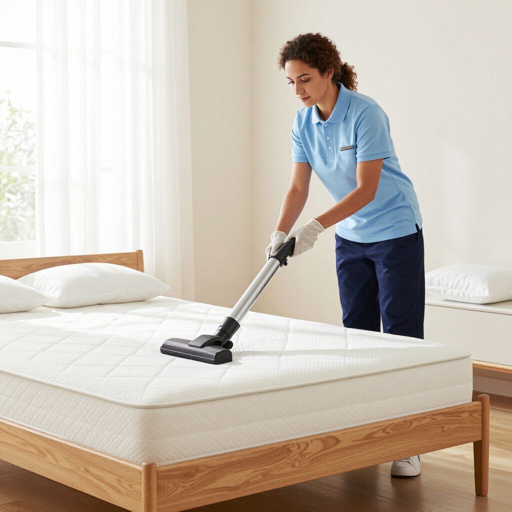 Person in uniform vacuums a mattress on a wooden bed frame in a bedroom.