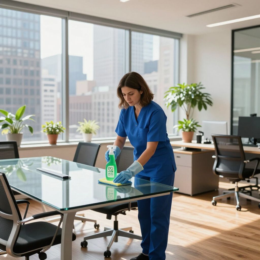 Woman in blue scrubs cleans a glass table in an office. She wears gloves and sprays cleaner.