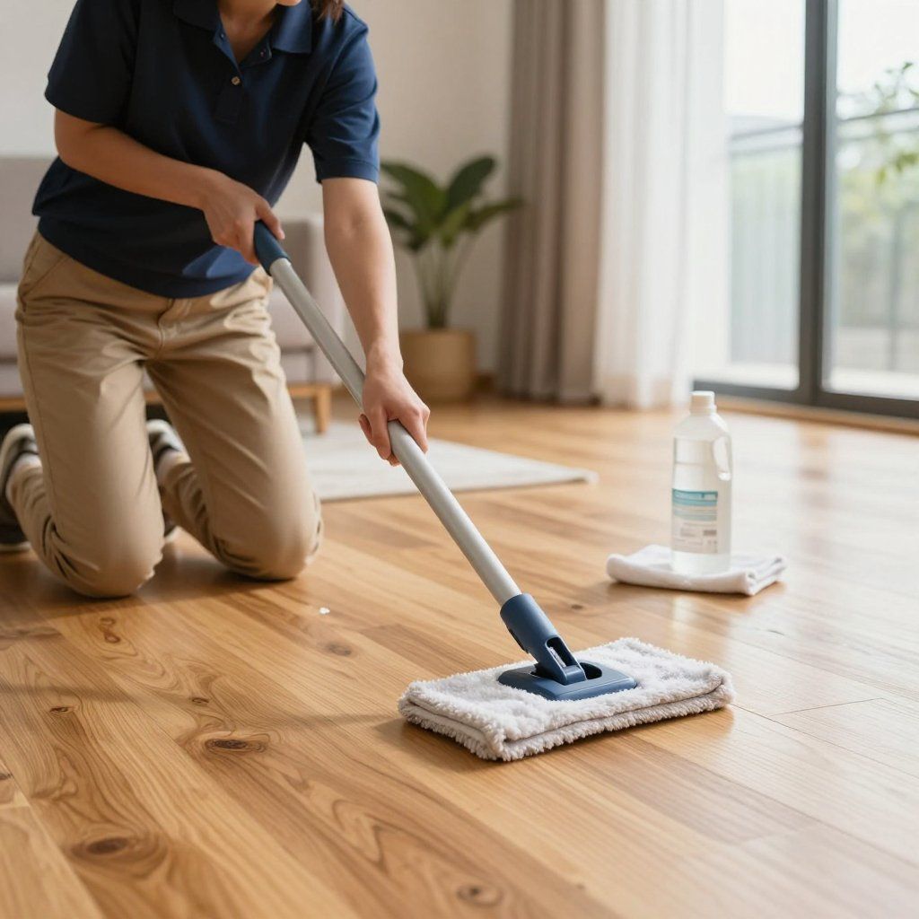 Person mopping a wood floor in a living room, using a flat mop and cleaning solution bottle nearby.