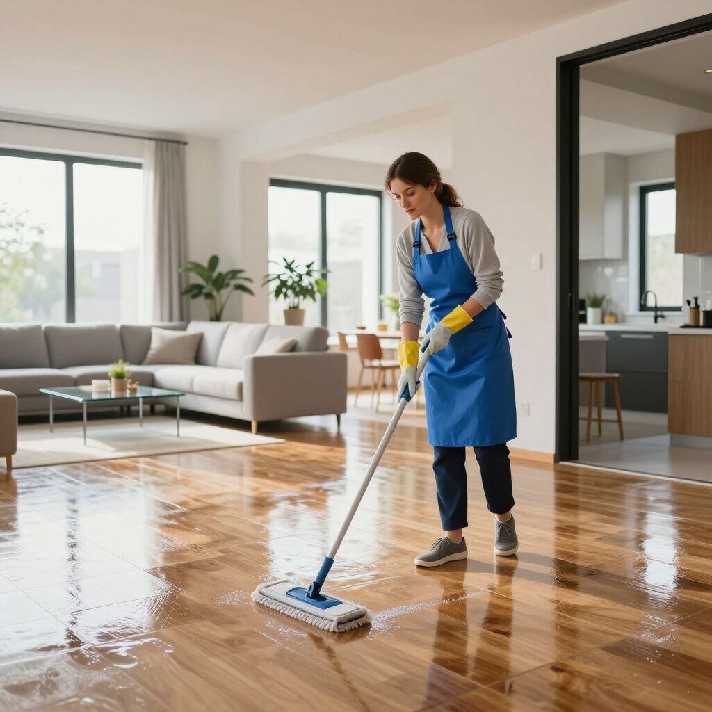 Woman mopping a shiny wooden floor in a living room, wearing gloves and an apron.