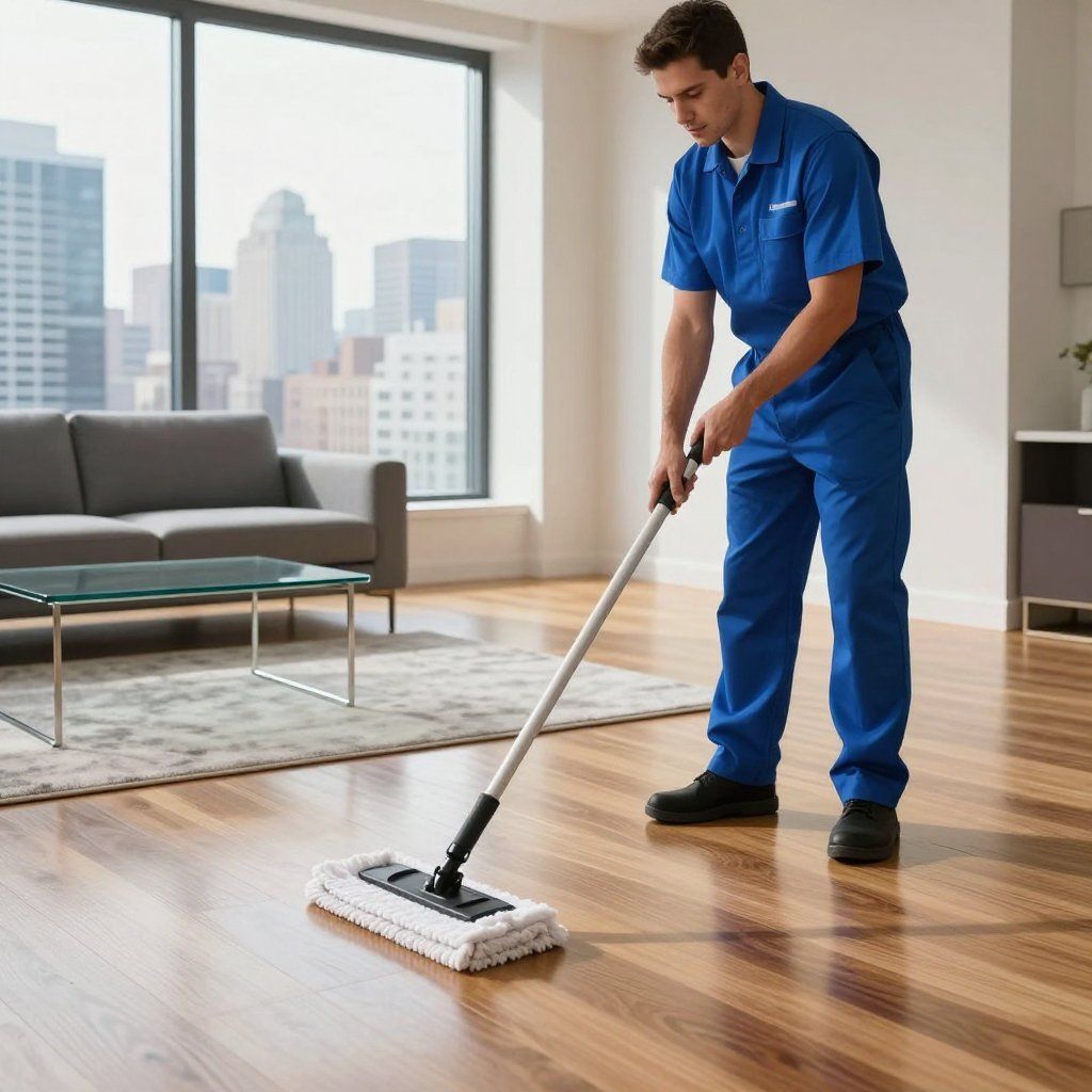 Person in blue uniform mopping a wood floor in a modern living room with a city view.