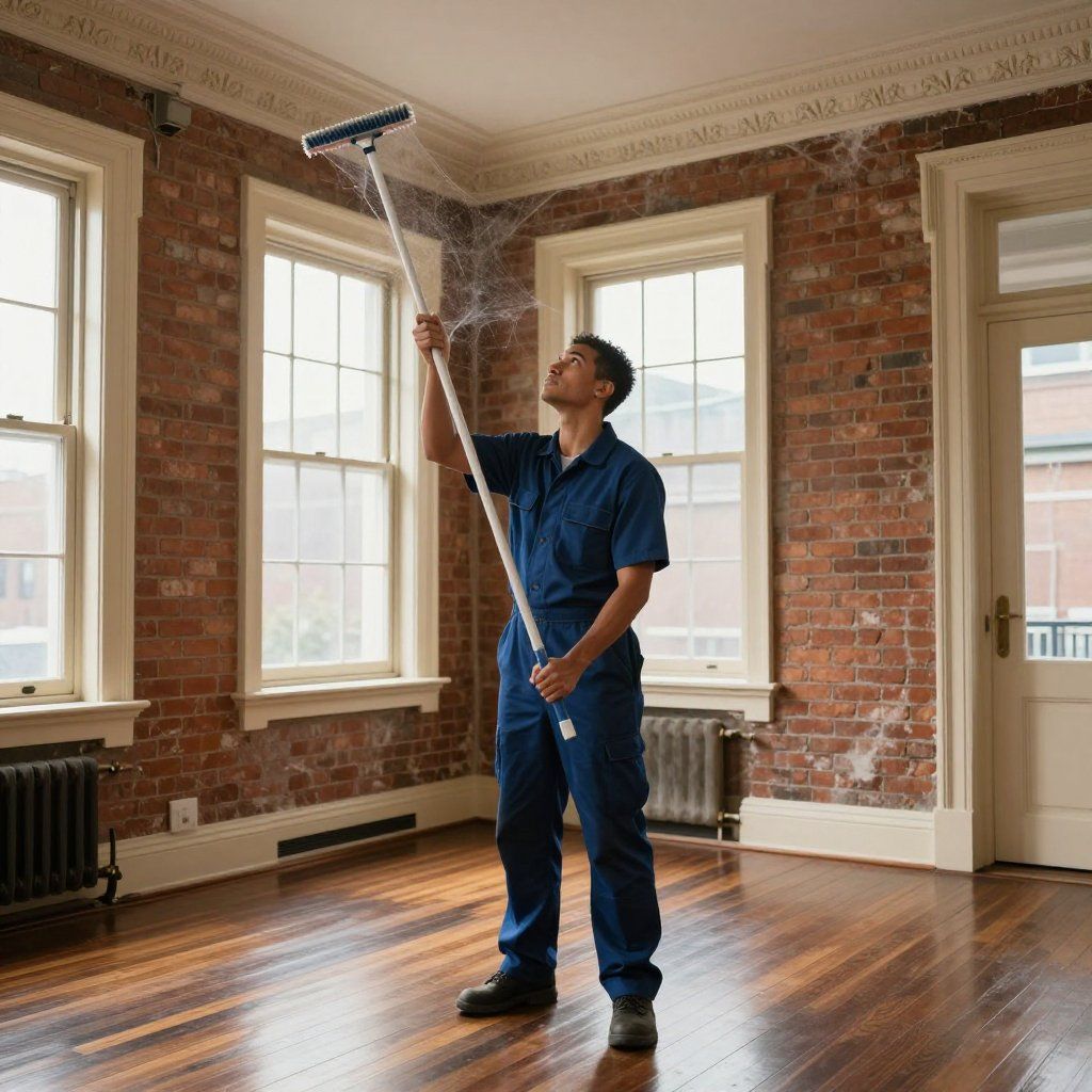 Person cleaning a room with a cobweb removal tool; brick wall, windows, and wood floor are visible.