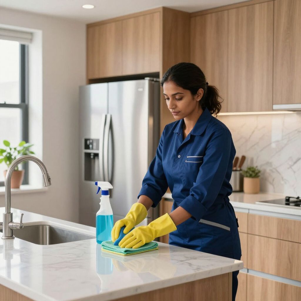 Woman cleaning a kitchen countertop with spray bottle, sponge, and gloves near a sink and appliances.