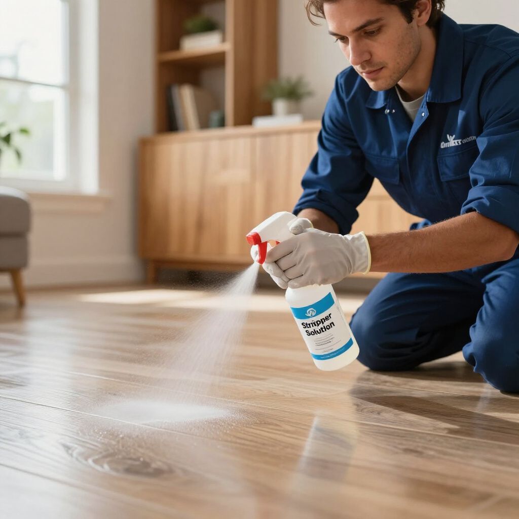 Man kneeling, spraying cleaner on hardwood floor in a living room.