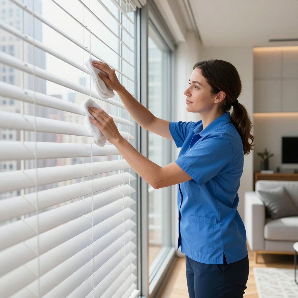Woman in blue scrubs cleaning white window blinds with cloths.