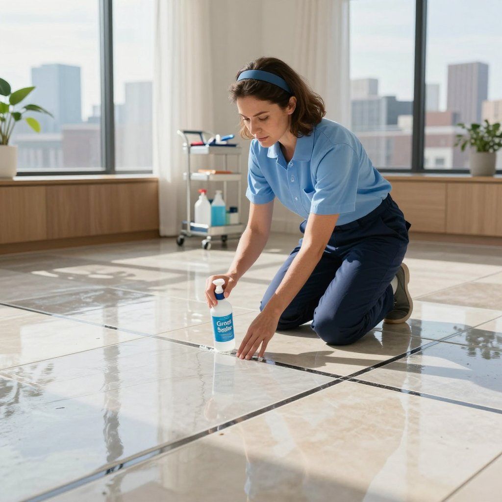 Woman kneeling, cleaning a tiled floor with spray bottle and cloth in a sunlit office, cleaning cart in background.