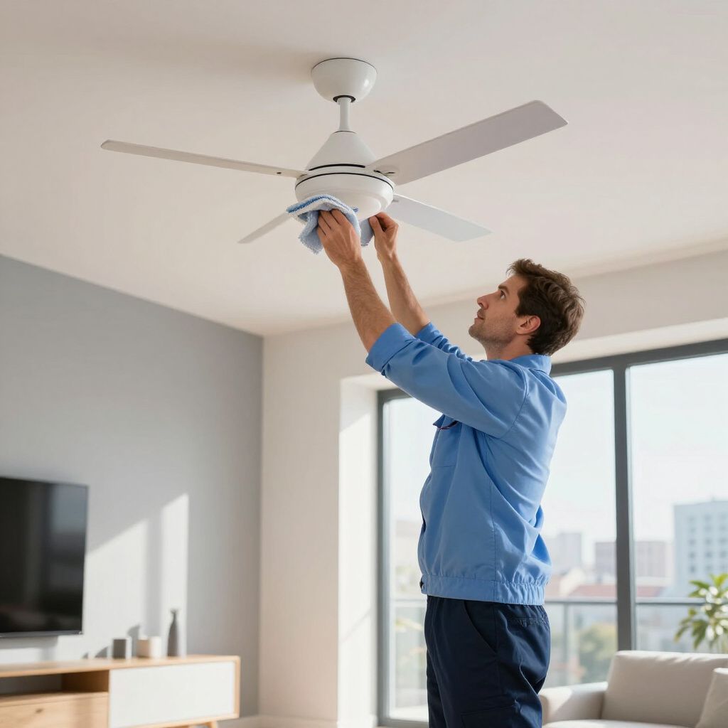 Man cleaning a white ceiling fan in a living room; wearing blue uniform, reaching up.