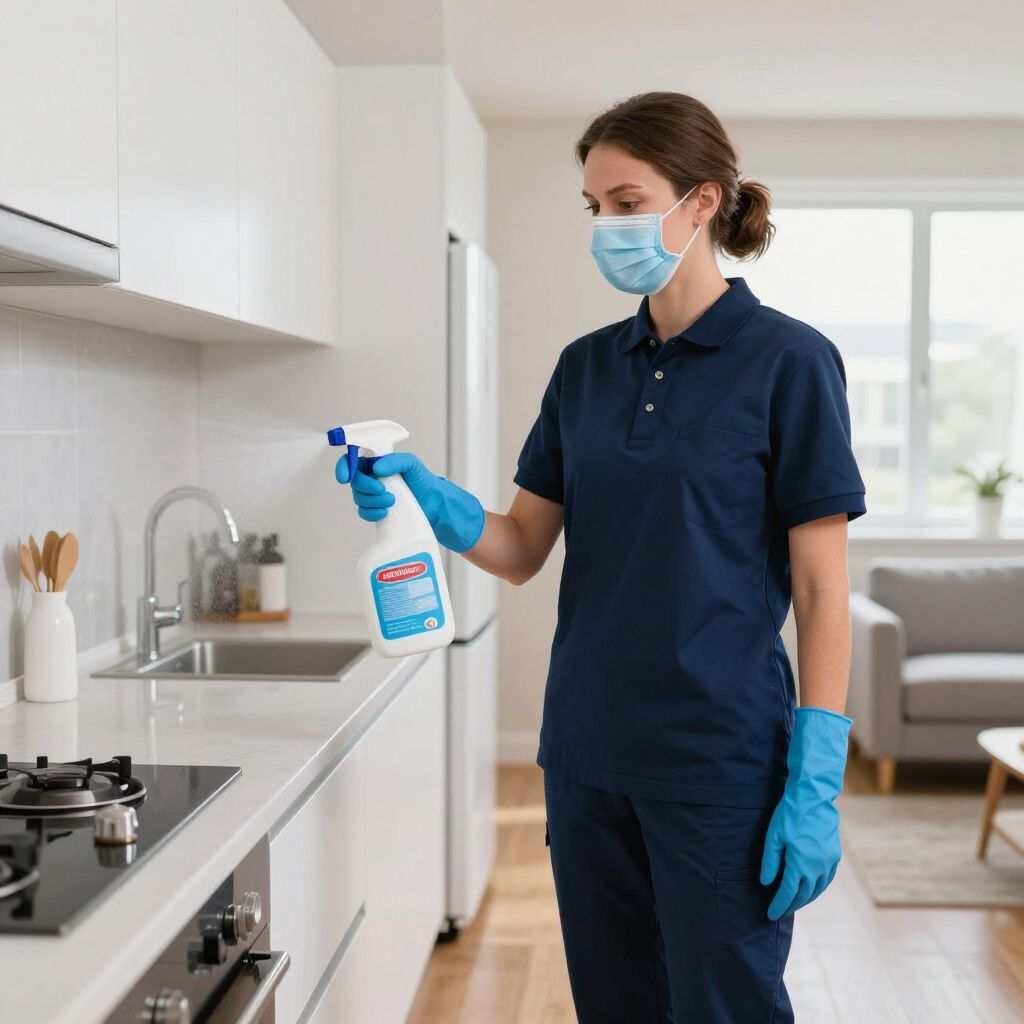 Person wearing mask and gloves sprays cleaner in a kitchen.