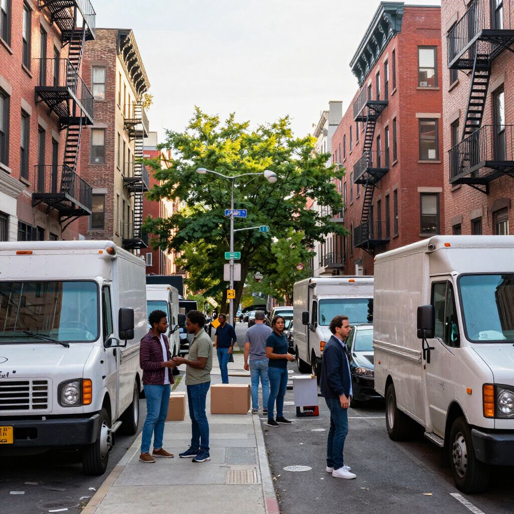 Delivery trucks parked on a city street; people converse near the sidewalk. Brick buildings and a tree are visible.