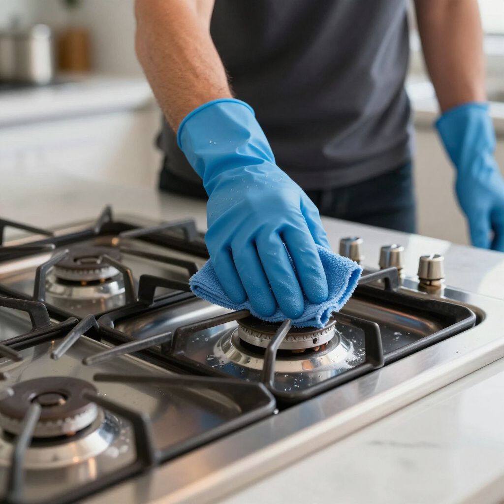 Person wearing blue gloves cleaning a gas stovetop with a blue cloth.