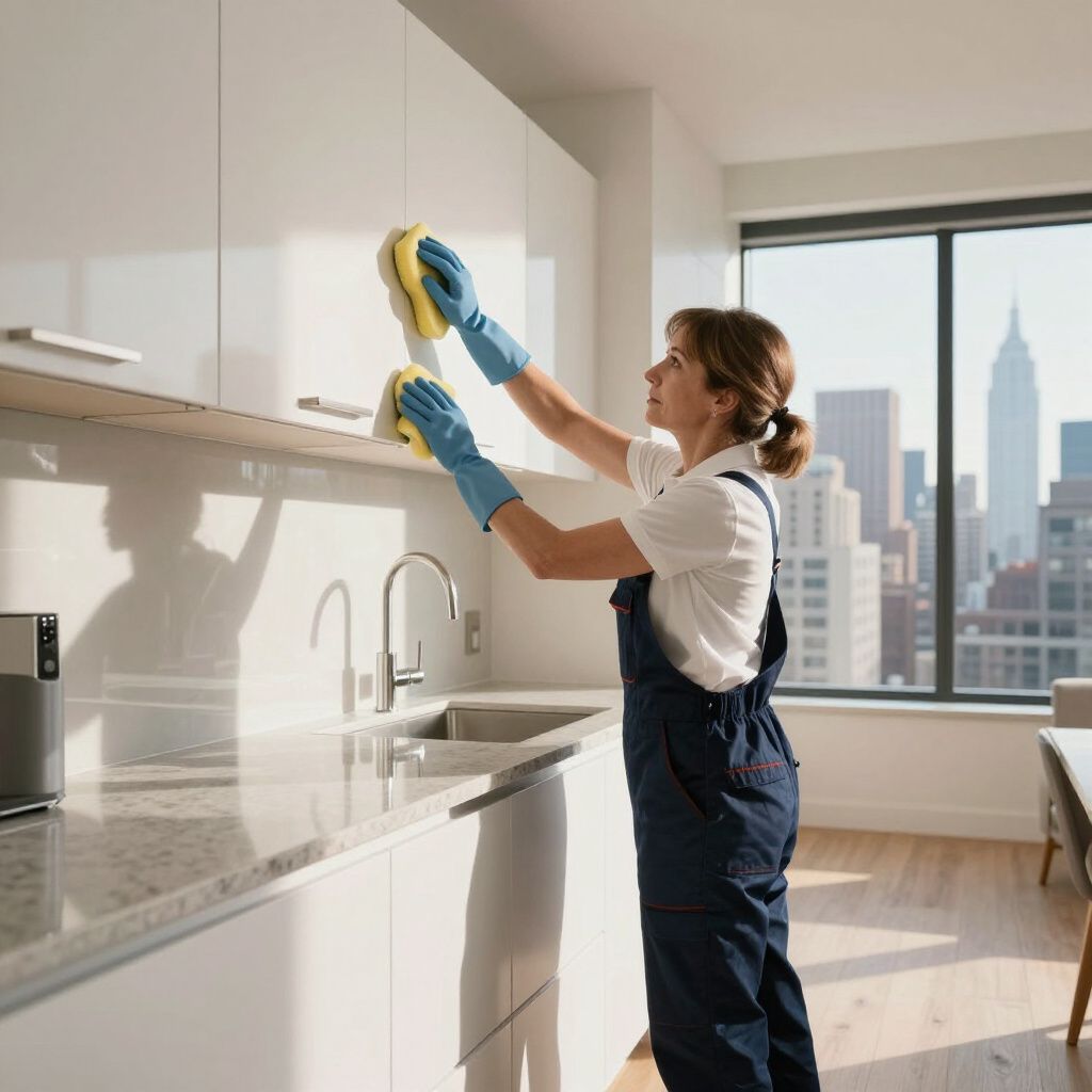 A person wearing blue overalls and gloves cleans a kitchen cabinet with a sponge, city skyline in background.