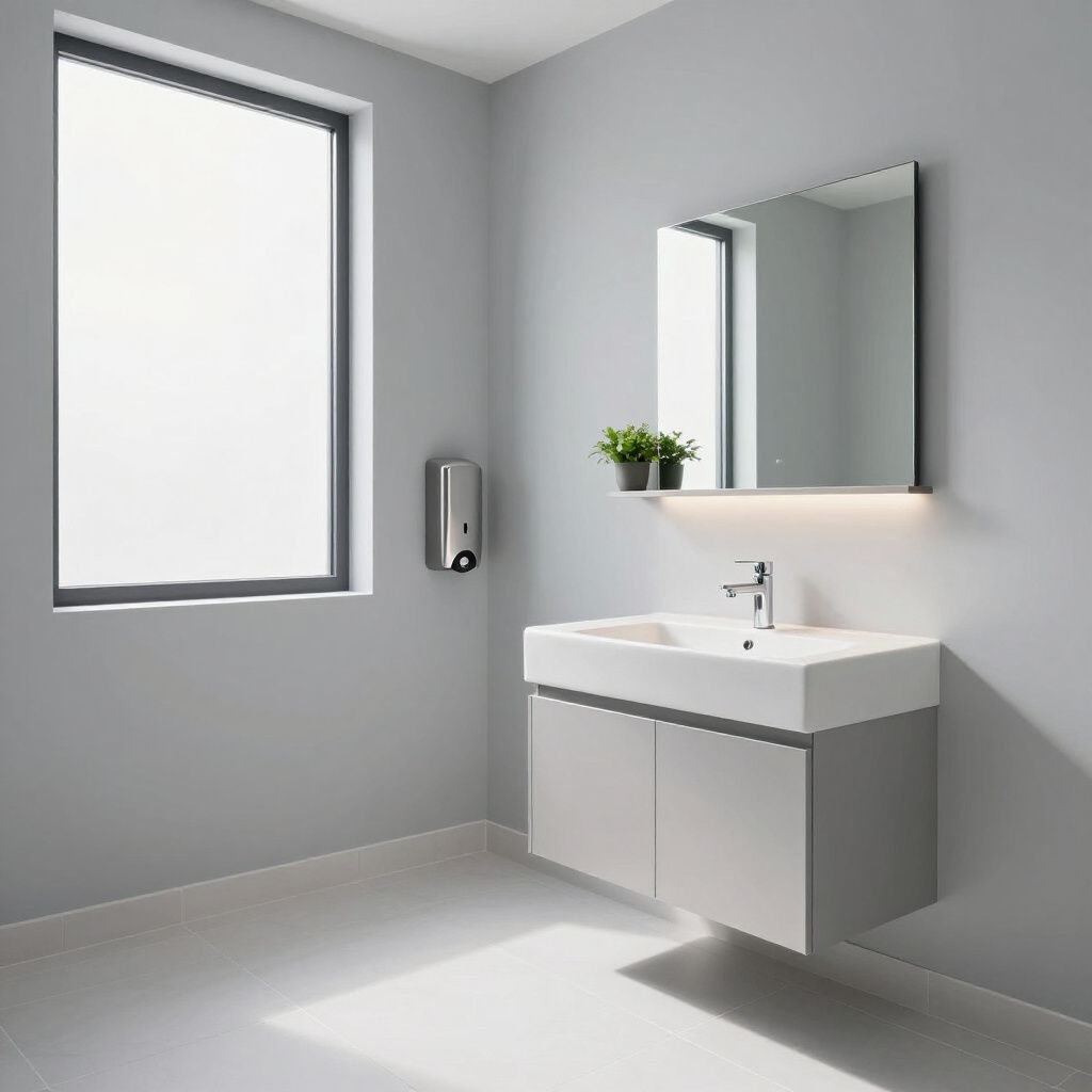 Modern bathroom with gray walls, window, sink, mirror, and soap dispenser.