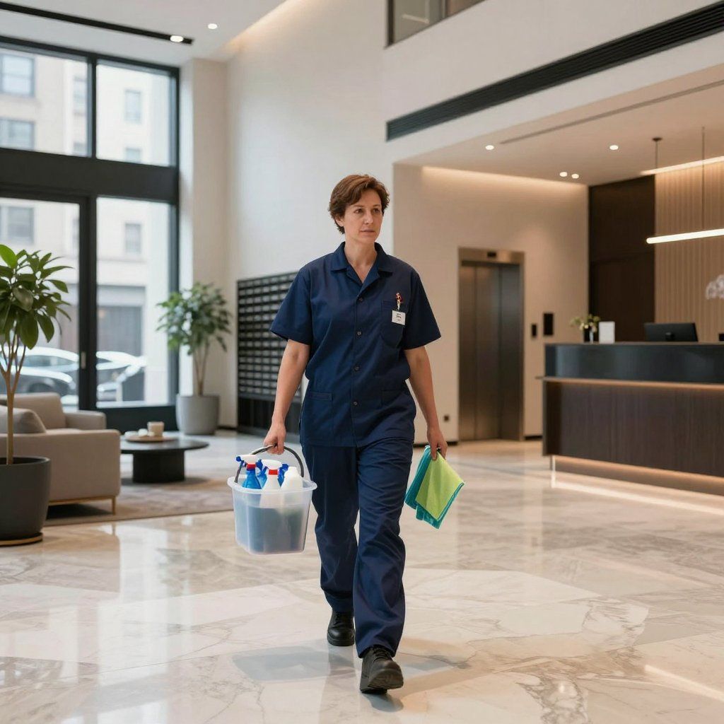 Person in blue uniform carrying cleaning supplies in a lobby.