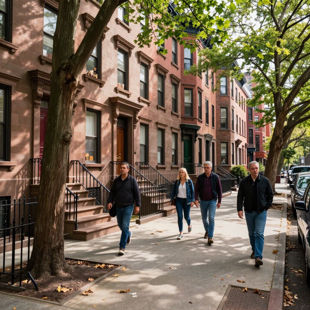 Four people walking on a sidewalk in front of brownstone buildings, trees overhead.