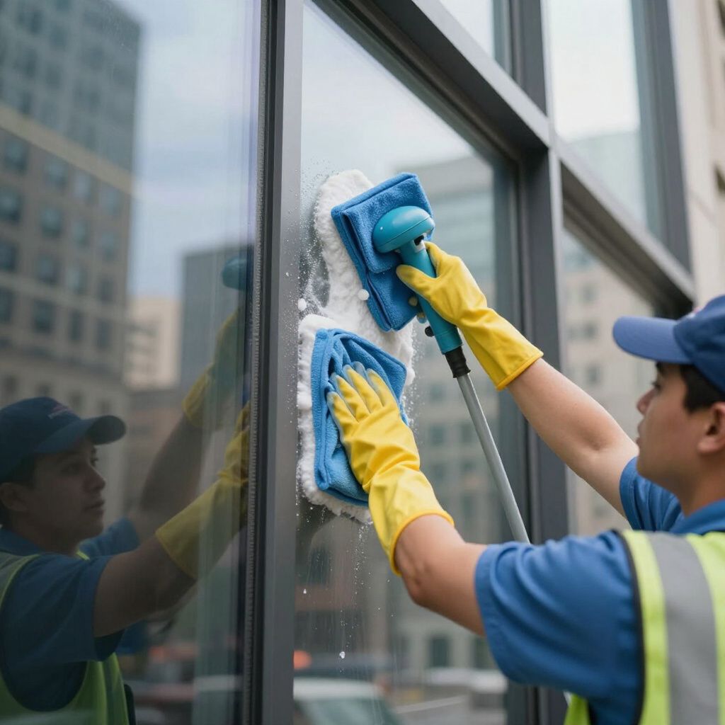 Person in yellow gloves cleaning a large window with a blue cleaning tool. Building exterior in the background.