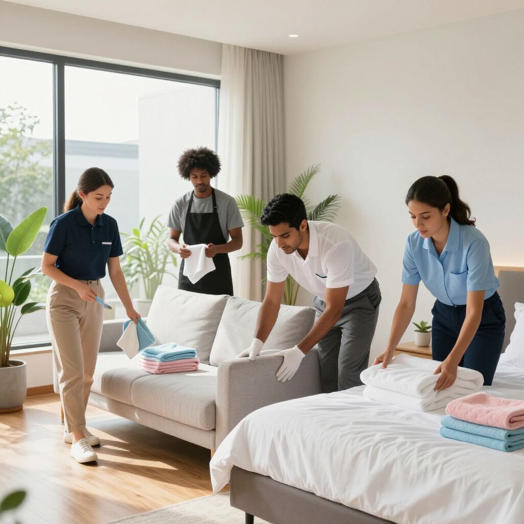 Four hotel staff cleaning a guest room: making the bed, dusting, wiping, and folding towels.