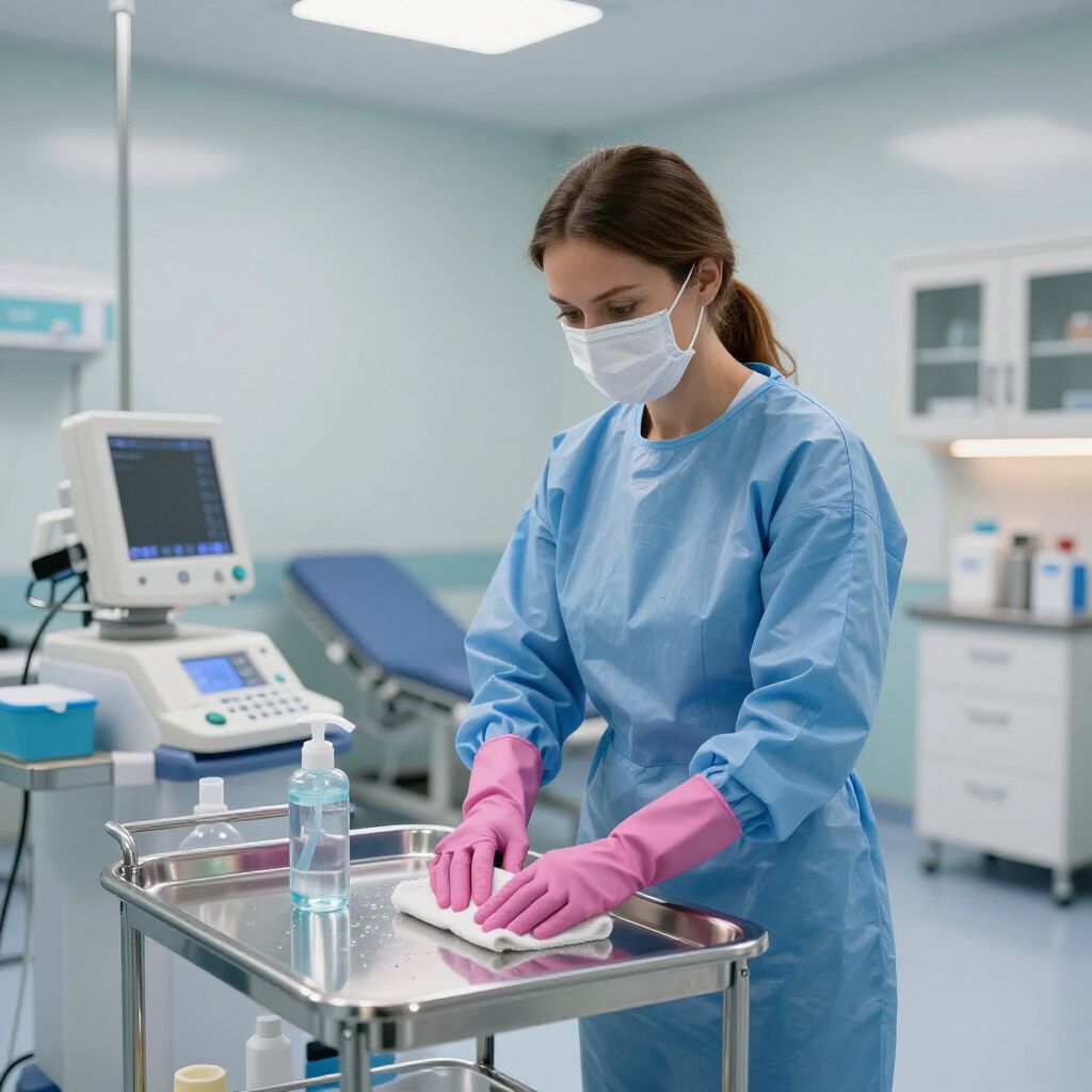 Person in scrubs and mask cleaning a medical cart in a hospital room. Pink gloves, blue scrubs.