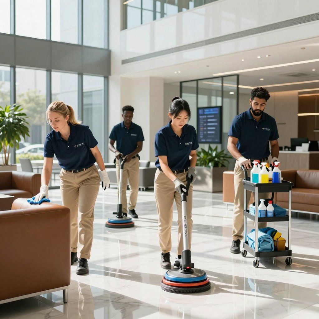 Cleaning crew in a modern lobby, mopping floors and wiping surfaces.