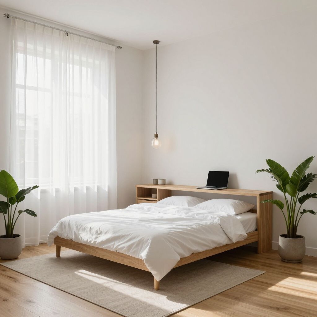 Bedroom with a wooden bed frame, white bedding, large window with sheer curtains, two potted plants, and a laptop.