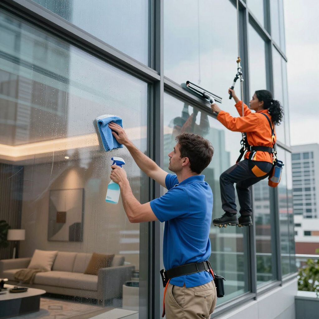 Two window cleaners, one spraying and squeegeeing, the other suspended, cleaning an office building window.