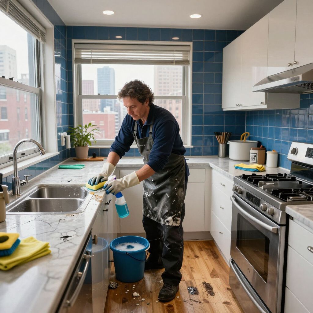 Person cleaning a kitchen counter with a sponge and spray bottle, next to a sink.