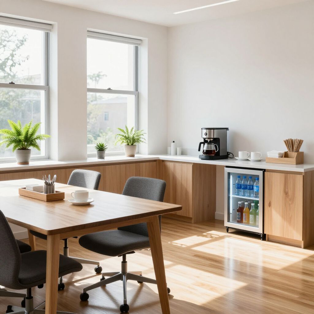 Office breakroom: wooden table with chairs, coffee maker, mini fridge with drinks, and windows.