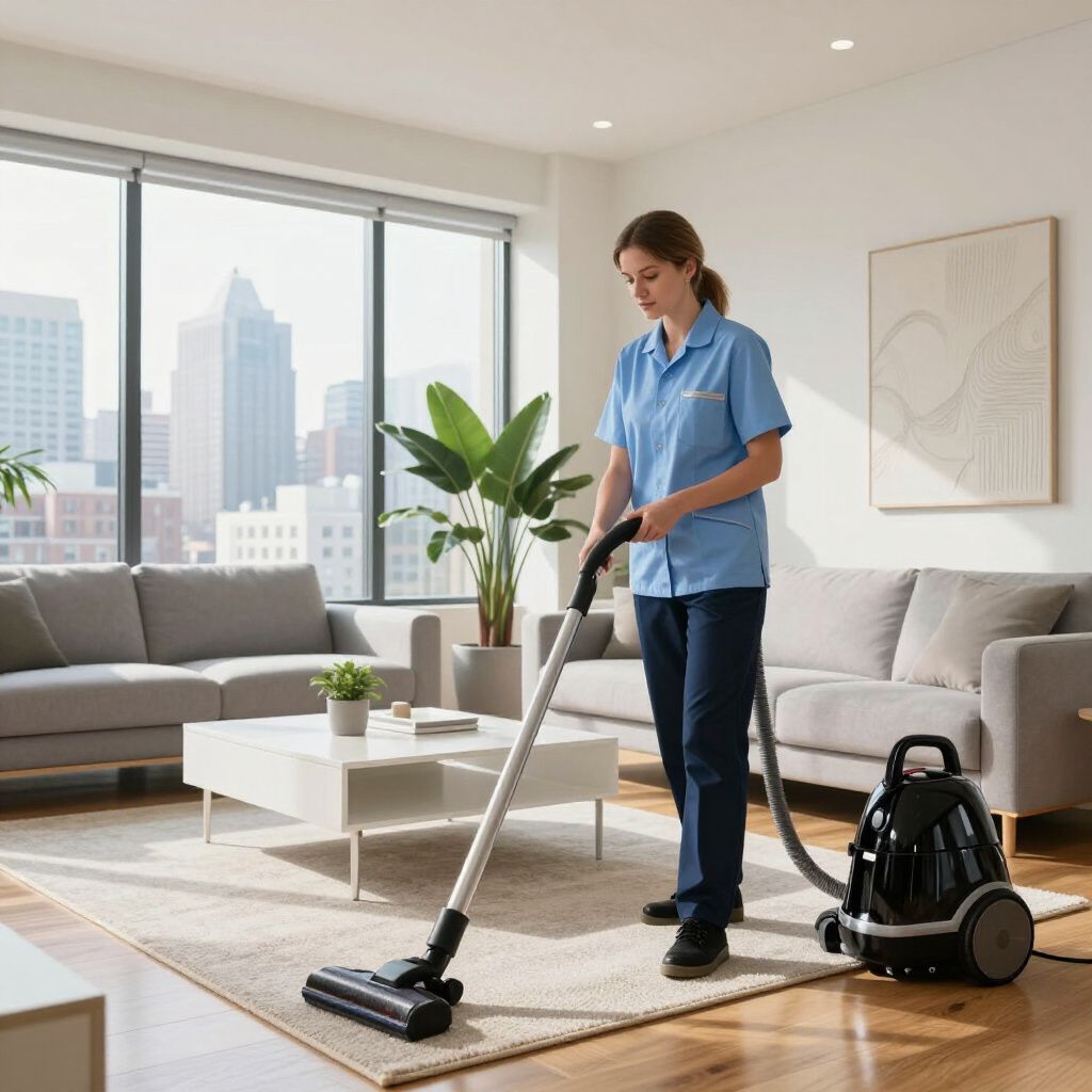 Woman vacuuming a rug in a modern living room with a city view.