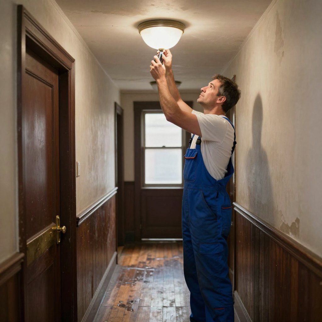 Man in blue overalls changing a lightbulb in a hallway with peeling paint.