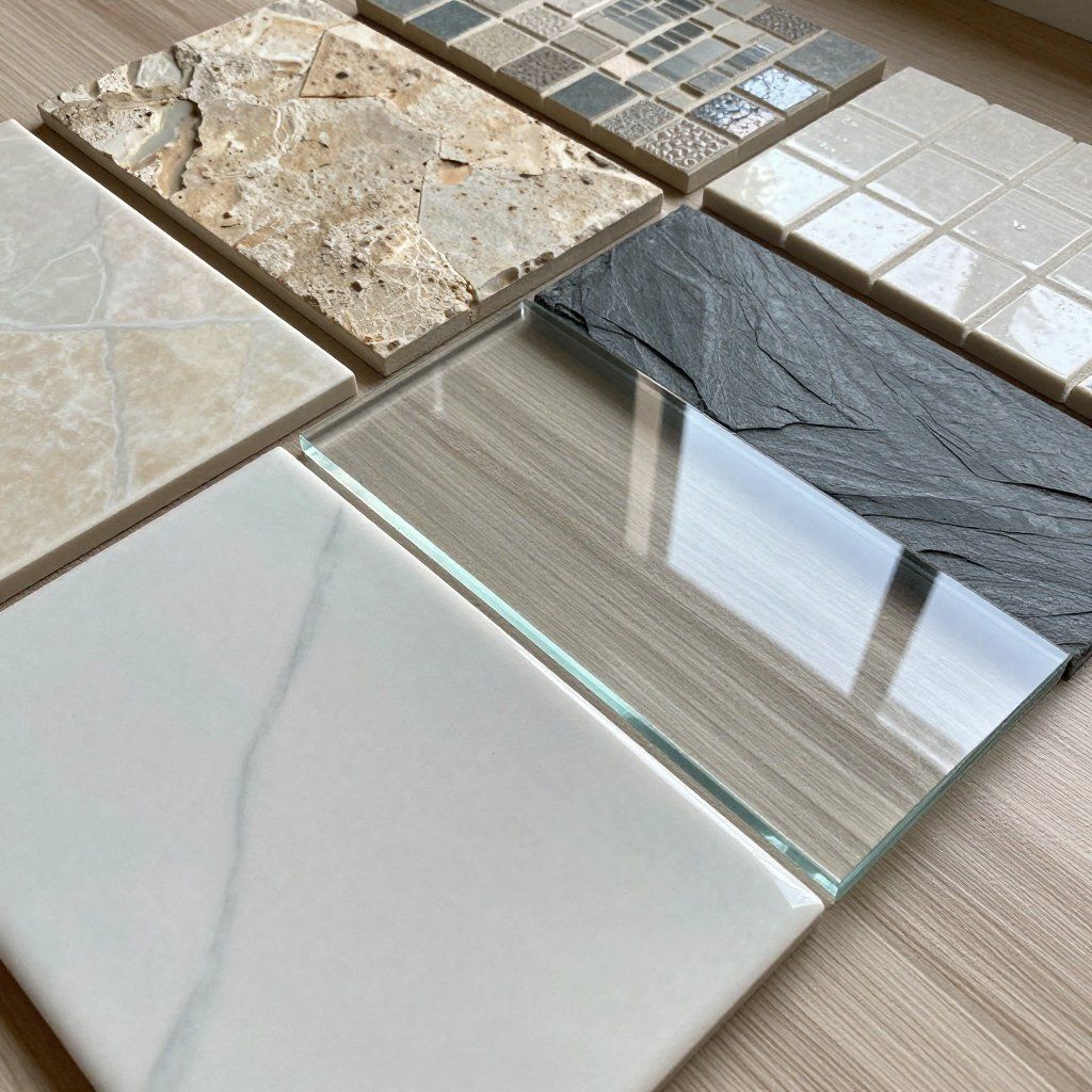 Various tile samples in shades of beige, gray, and white on a wooden surface, showcasing textures and patterns.