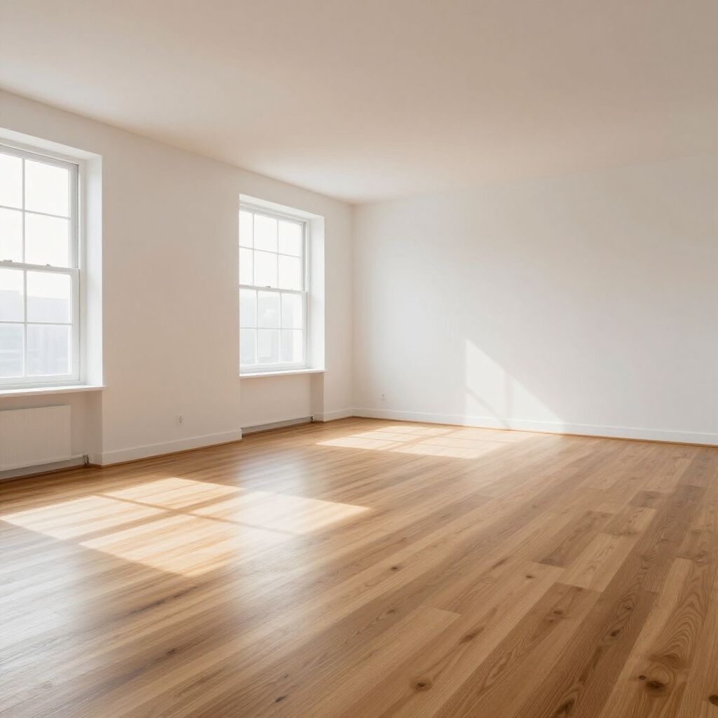 Empty room with hardwood floors, two windows, and white walls. Sunlight streams in.