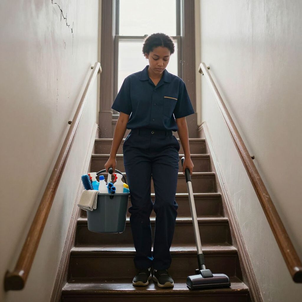 Person in a dark blue uniform carries a cleaning bucket and vacuum on stairs in a building.