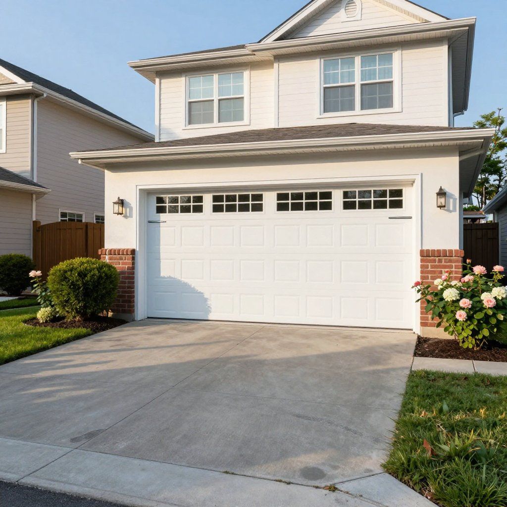 White house with a two-car garage, concrete driveway, and landscaping.