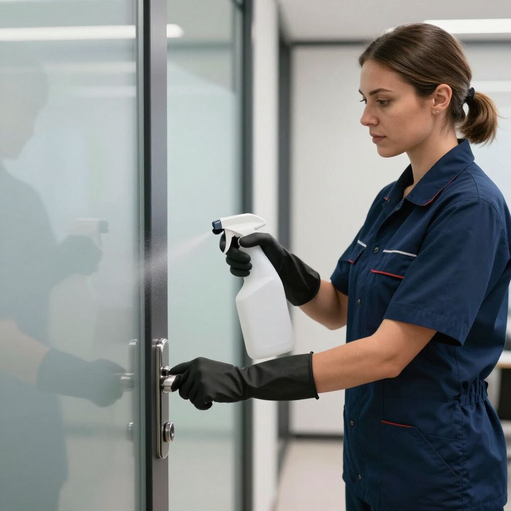 Woman in blue uniform disinfecting a glass door handle with a spray bottle, wearing black gloves.
