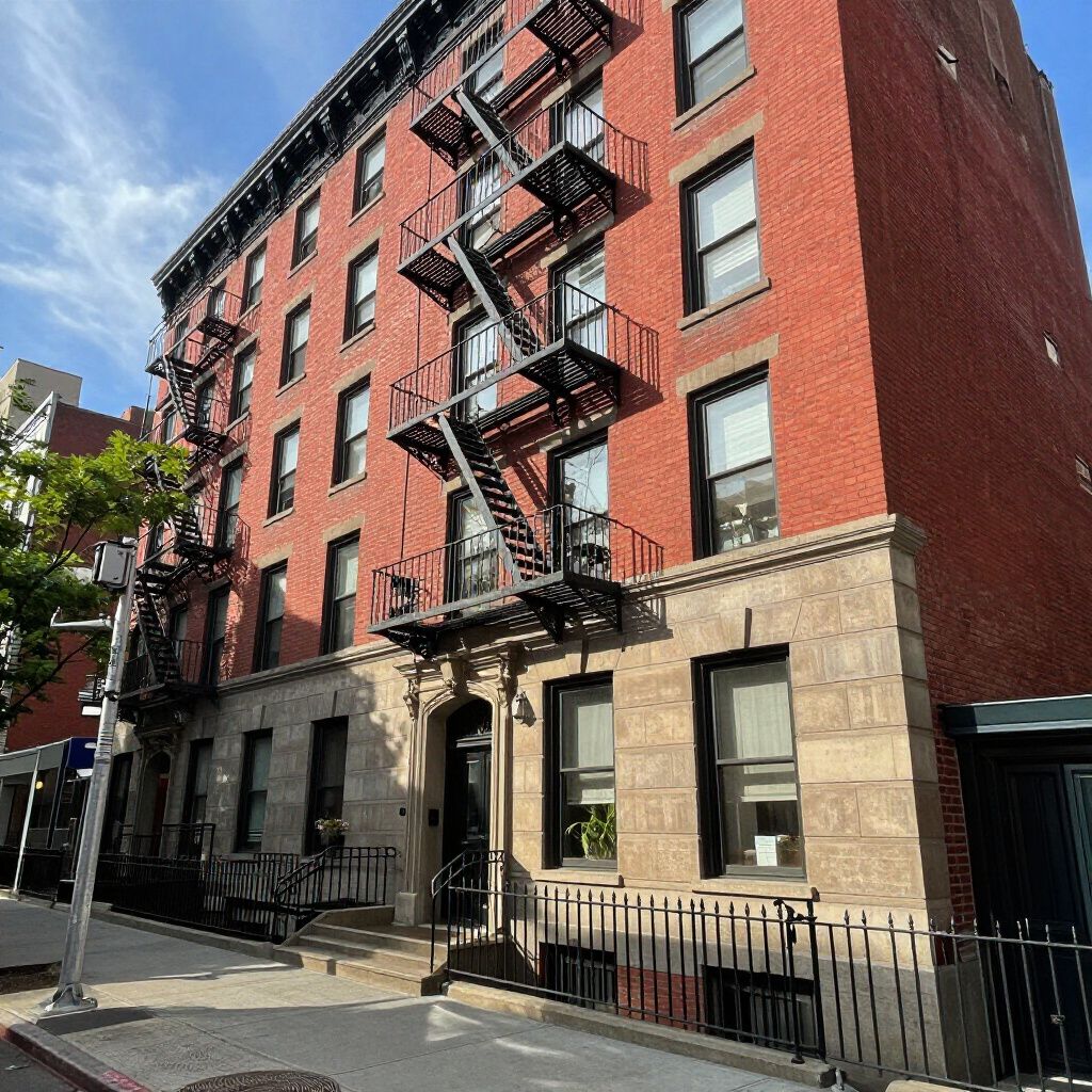 Red brick apartment building with black fire escapes, stone facade on the ground floor.