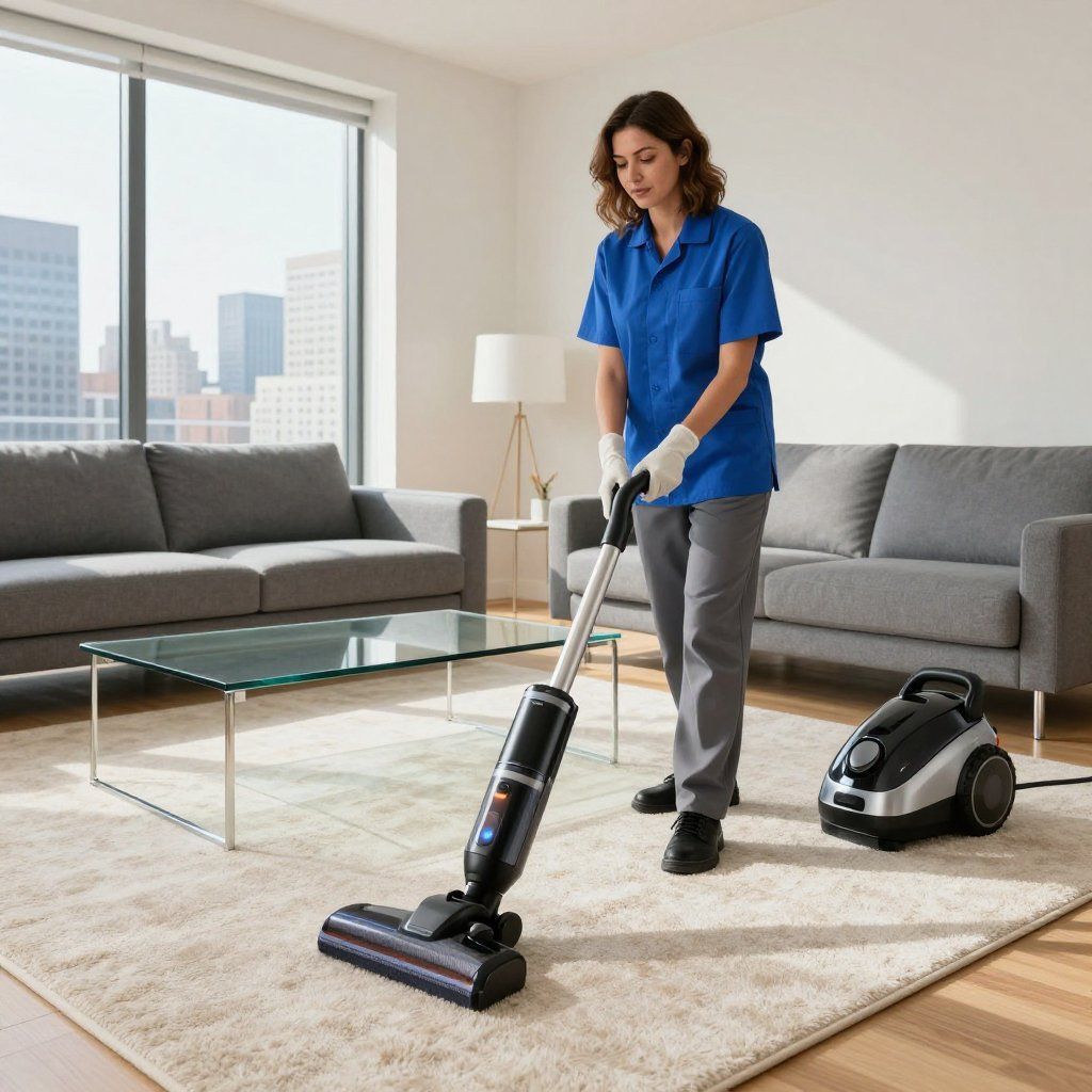 Woman using a vacuum on a rug in a modern living room.