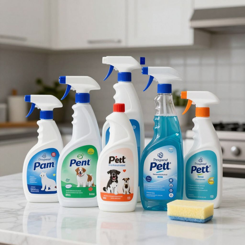 Various pet stain and odor remover bottles on a countertop, with a sponge.