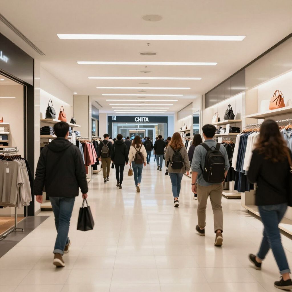 People walking in a brightly lit shopping mall with stores on either side.